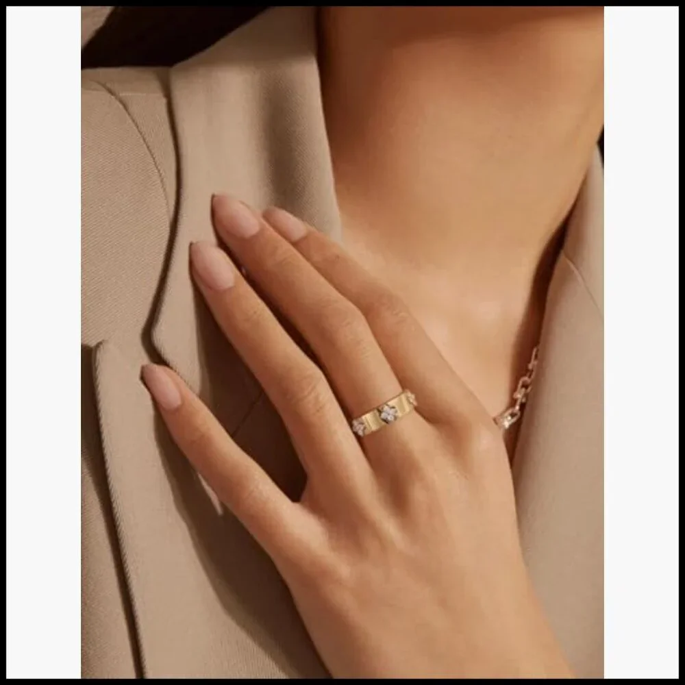 14K Yellow Gold Clover Ring Moissanite 925 Sterling Silver Everyday Casual